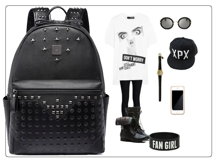 Stor kapacitet känd designer nitar punk stil högkvalitativa män axel ryggsäck skolstudent bokbag varumärke dagpack heta försäljning resväskor