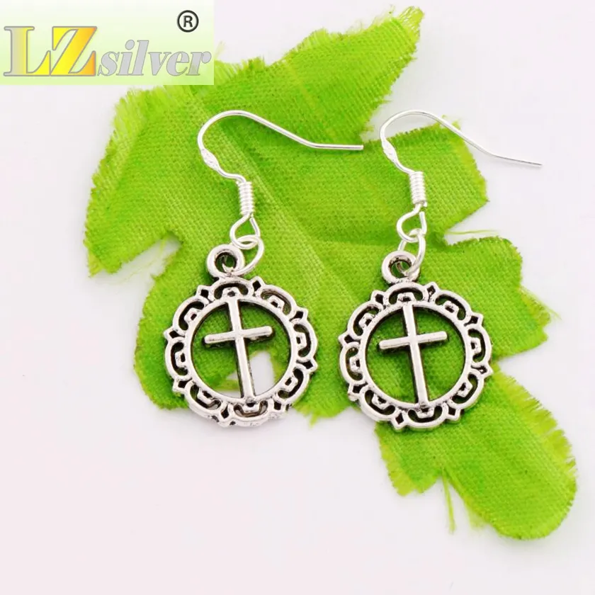 Flower Circle Cross Dangle Chandelier Earrings 925 Silver Fish Ear Hook E495 16.4x37.1mm 