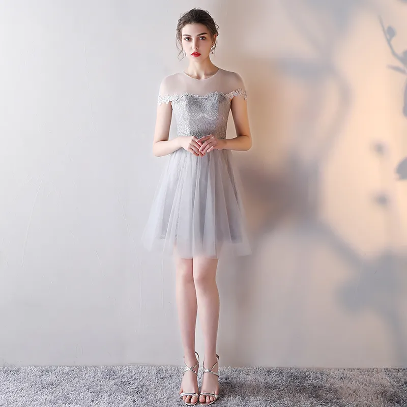 Light Gray Bridesmaid Dresses Knee Length Soft Tulle Floral Lace Bridesmaid Dress Summer Style Wedding Party Dress Cheap In Stock Fast Ship