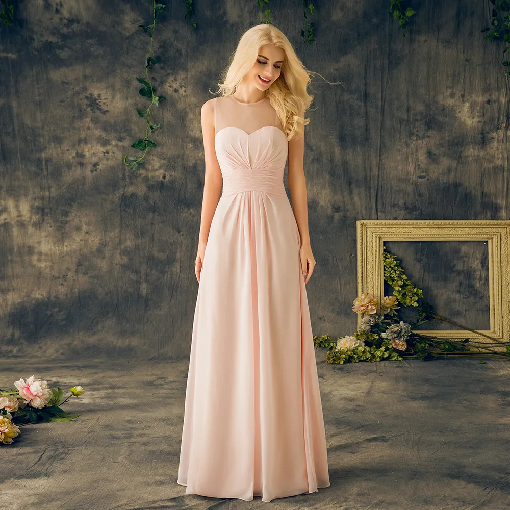 Baby Pink Bridesmaids Dress Sheer Round Neck Sleeveless A-Line Long Chiffon  from Dhgate Bridesmaid Dress - price 70.76
