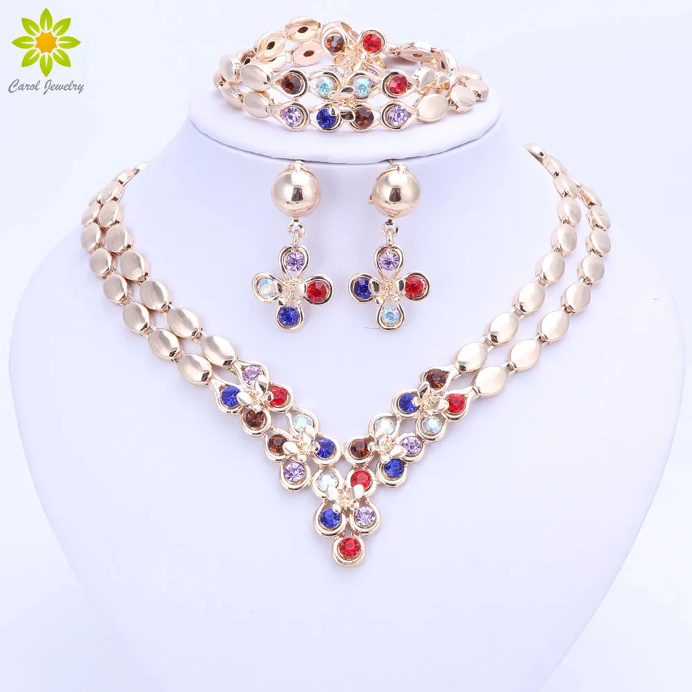6Kolor kristall smycken uppsättningar för kvinnor halsband örhängen armband ring guldpläterad Afrika Dubai party bröllop brud tillbehör