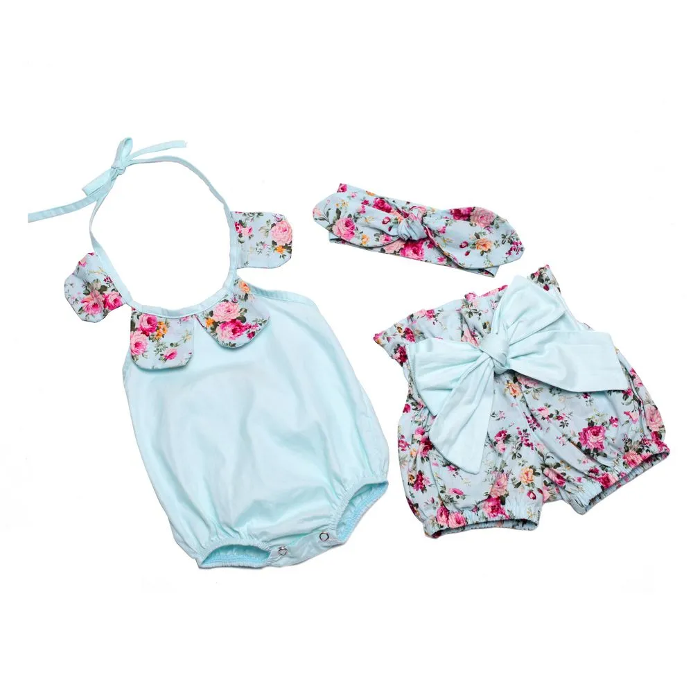 Pagliaccetto della neonata Pagliaccetti di cotone floreale petalo + Pantaloncini di bowknot + Fascia di orecchio di coniglio infantile Set tute bambini estate Tuta infantile C478