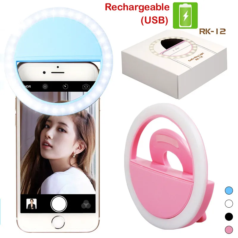 RK12 Rechargeable Selfie Ring Light with LED Camera Photography Flash Light Up Selfie Luminous Ring with USB Cable Universal for All Phones