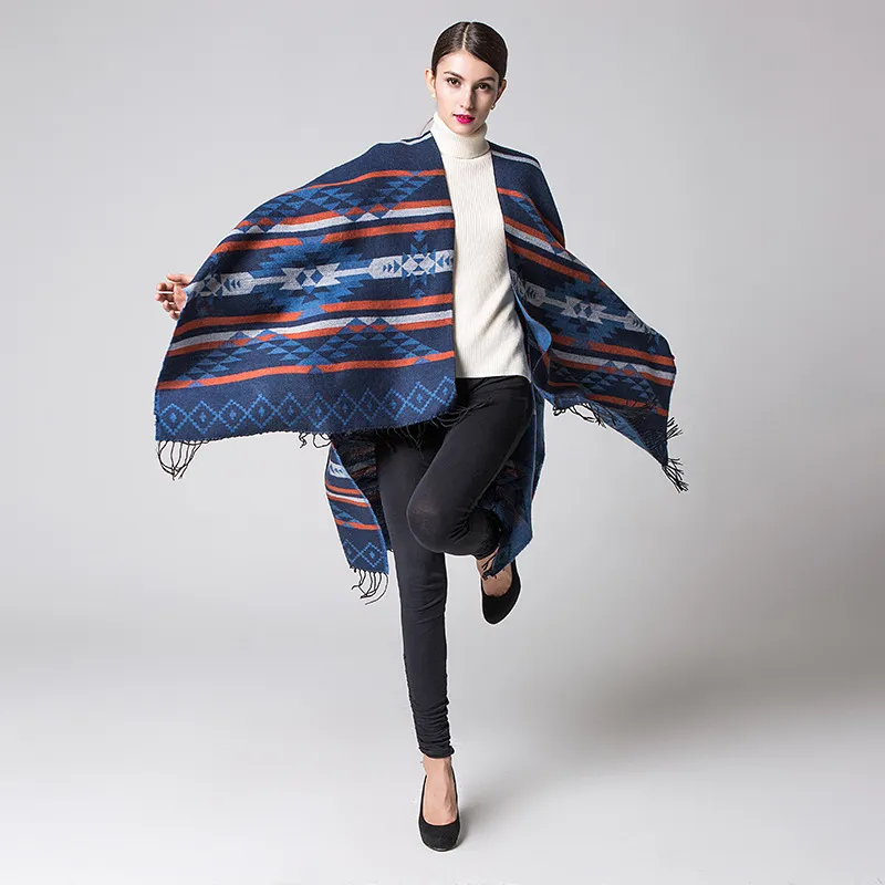 2017 Ethnic Geometric Shawl Women Bohemia Cashmere Tassel Poncho Aztec Long Pashmina Kimono Knitted Capes Wraps Cardigan