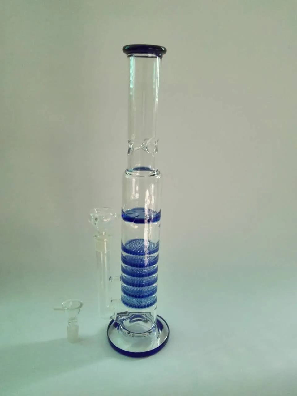 48 cm tall, blue 6 honeycomb filter glass pipe, glass bong, glass tube 6 cm in diameter, 5 mm thick, joint size:: 18 mm