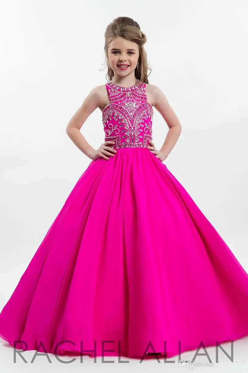 Fuchsia Sparkly Princess Girls Pageant Dresses for Teens Beading Rhinestone Floor Length Flower Kids Formal Wear Prom Dresses332q