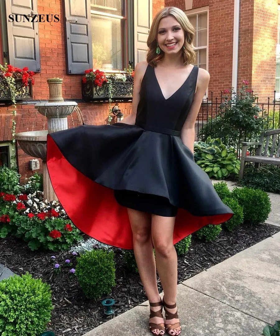 High Low Homecoming Dresses 2017 A Line V-neck Tank Black Red Party Gowns For Young Girls Short Special Occasion Dresses Sale