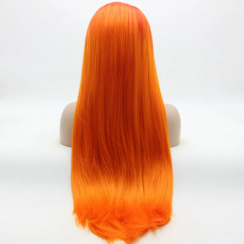 Iwona cheveux raides Extra longue racine orange doré Ombre perruque 2232002316 moitié main attachée résistant à la chaleur synthétique avant de lacet perruques7945943