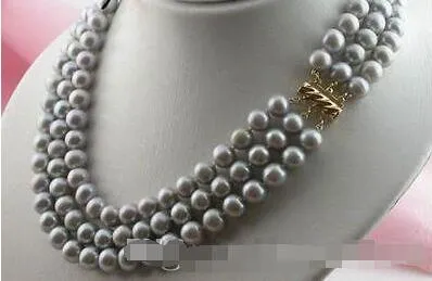 collier de perles grises de tahiti naturelles triple brins 8-9 mm 17-19 pouces fermoir 14k