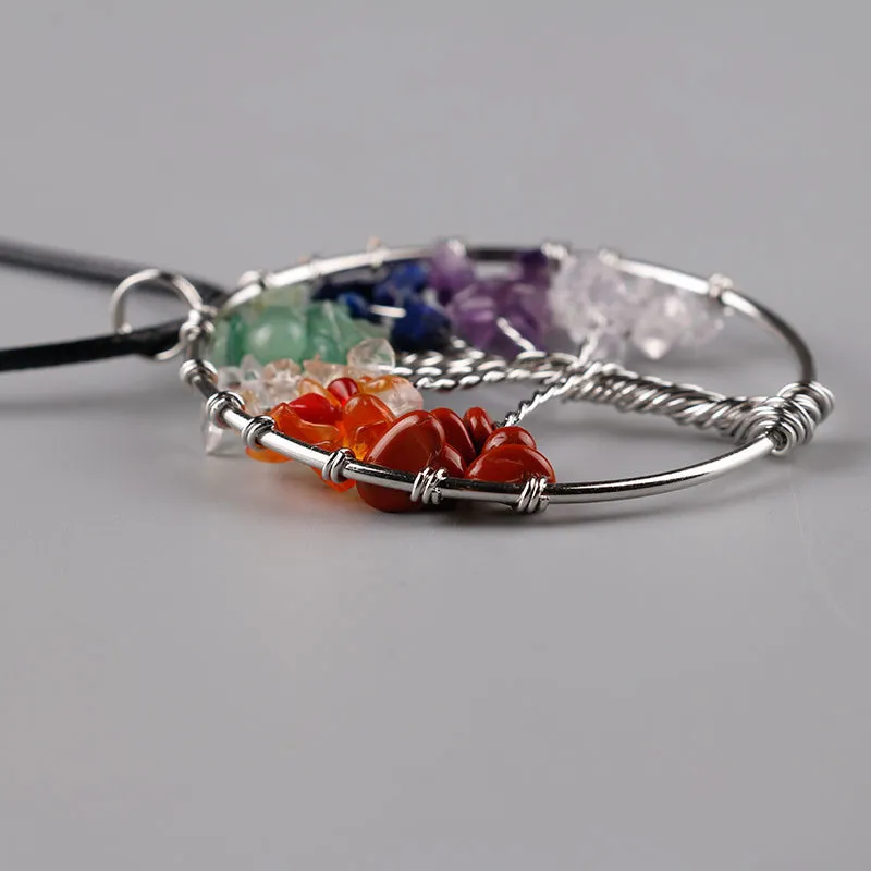 Women Rainbow 7 Chakra Amethyst Tree Of Life Quartz Chips Pendant Necklace Multicolor Wisdom Tree Natural Stone Necklace