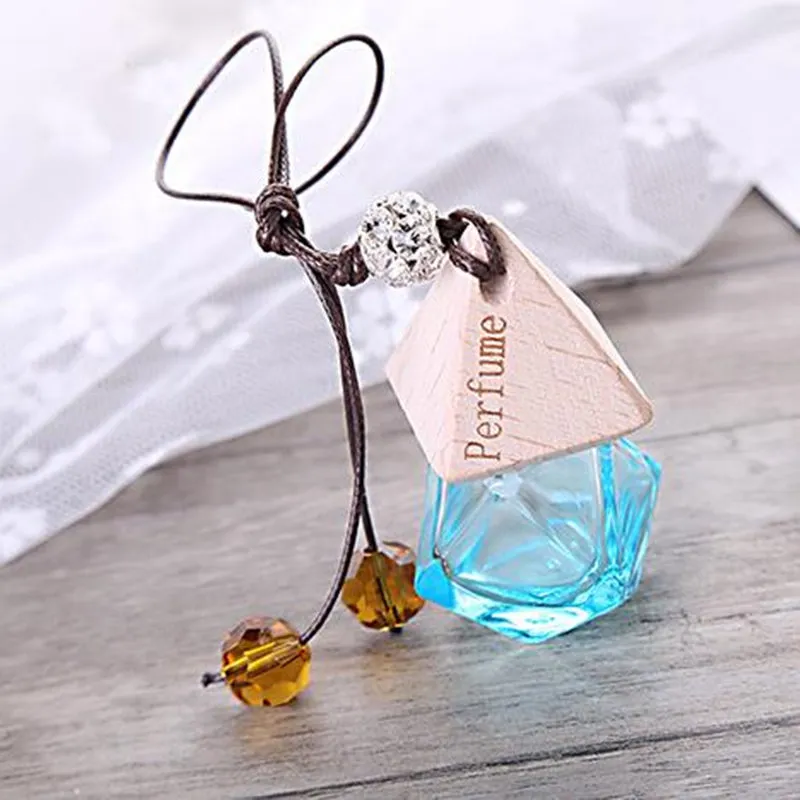 Garrafa de perfume de carro de vidro com madeira linda tampa vazia garrafa recarregável pendurado transportador de refrogerador de ar bonito f20171208