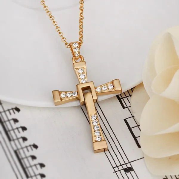 High quality men's cross 18k gold jewelry pendant necklace WGN703,A++ Yellow Gold white gemstone Necklaces with chains