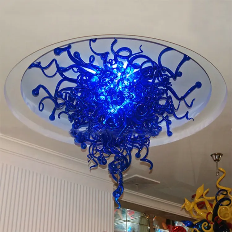 대형 현대 크리스탈 천장 블루 컬러 LED 조명 높은 품질 손 불어 유리 샹들리에 램프 유리 천장 조명기구에 램프