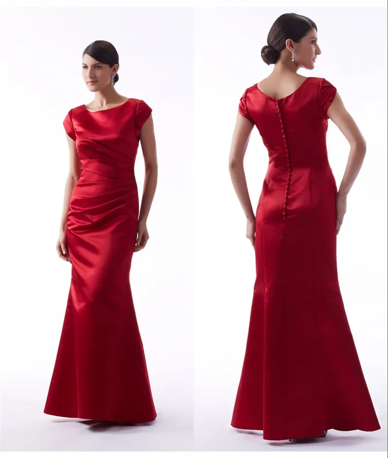 Red Mermaid Long Modest Bridesmaid Dresses With Short Sleeves Winter Satin Pleats Bridesmaids Dresses Wedding Party Dresses