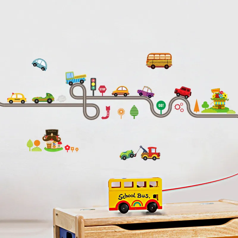 Dessin animé voitures autoroute piste Stickers muraux pour enfants chambres autocollant enfants salle de jeux chambre décor mur Art décalcomanies