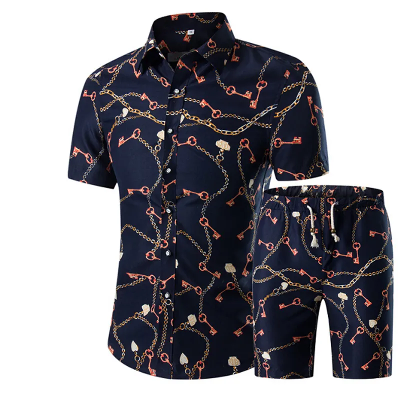 Camisas masculinas + shorts conjunto novo verão casual estampado camisa havaiana Homme curto masculino estampado conjuntos de terno plus size