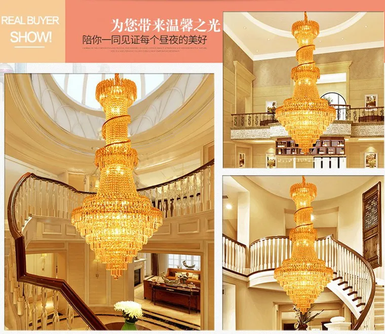 Candelabros de cristal dorado Candelabros largos y modernos de lujo Accesorio de iluminación Interior estadounidense Vestíbulo Escalera Hotel Restaurante Club Espiral Droplight D80cm H180cm
