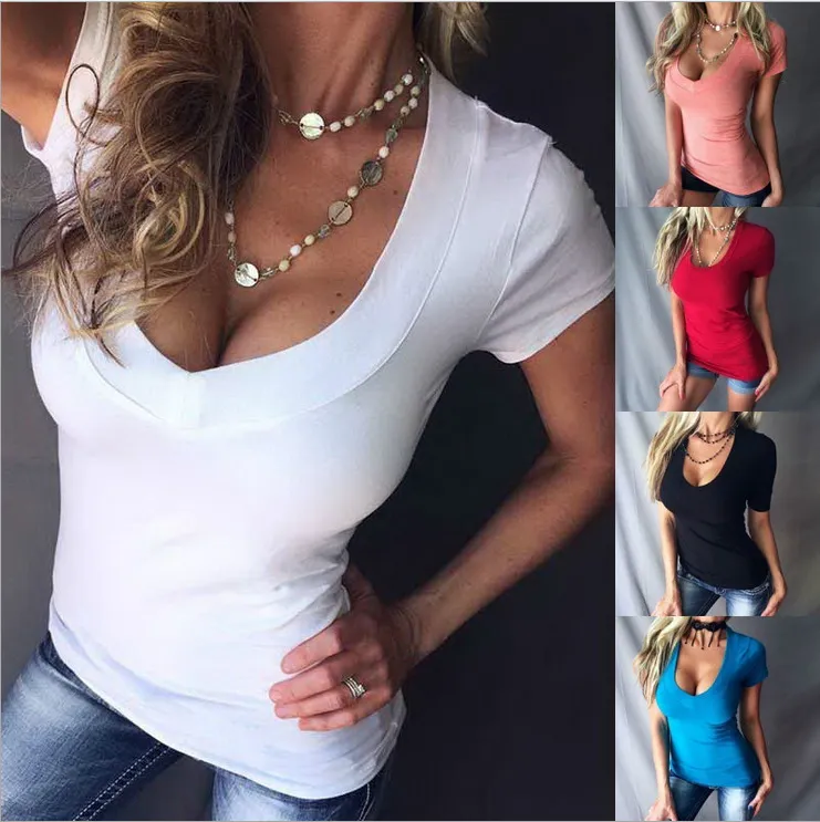 Sexy Women t Shirts Deep V-neck Short Sleeve Tee Shirt Solid Color Slim Fit Fashion Tops