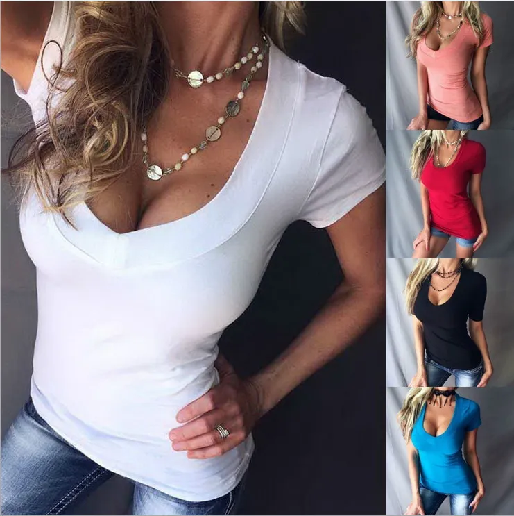 Sexy Women T Shirts Deep V-neck Short Sleeve Tee Shirt Solid Color Slim Fit Fashion Tops