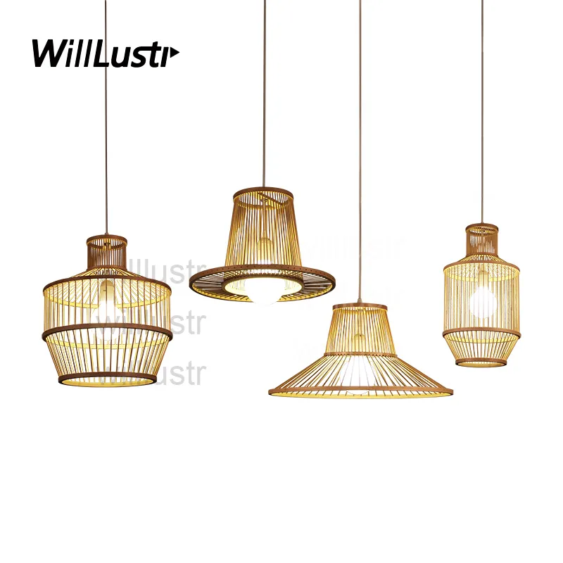 Willlust Modern Bamboo Pendant Lampa Träfjädring Ljus Handgjorda Belysning Naturlig Hängande Ljus Hotel Restaurang Bar Lounge