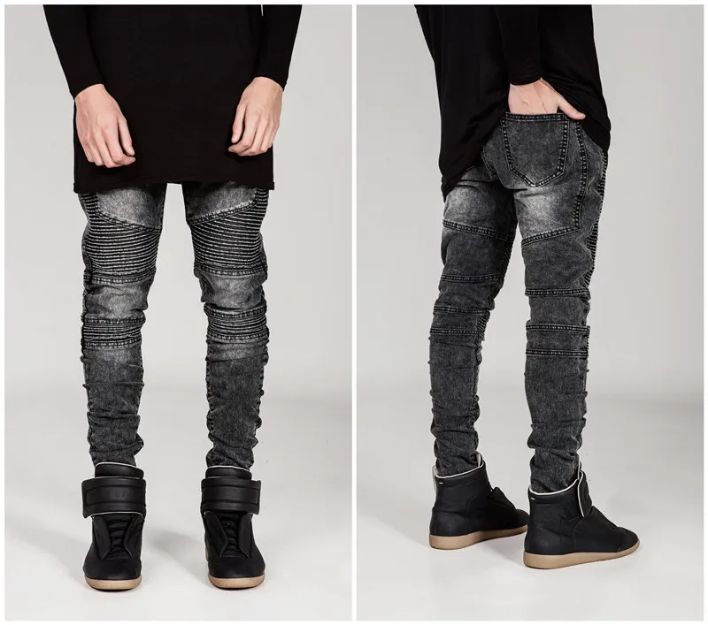 Mens Skinny jeans men new Runway Distressed slim elastic jeans denim Biker jeans hiphop pants Washed black for men blue hight quality