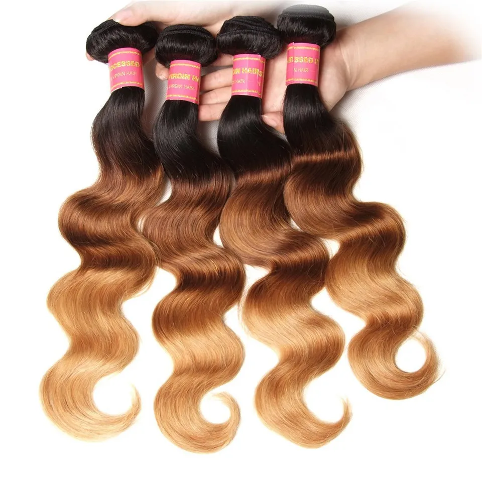 Trois Tons Miel Blonde Humaine Vierge Cheveux Bundles # 1B 4/27 Brun Blonde Ombre Extensions de Cheveux Double Trame Vague de Corps Armure de Cheveux Humains