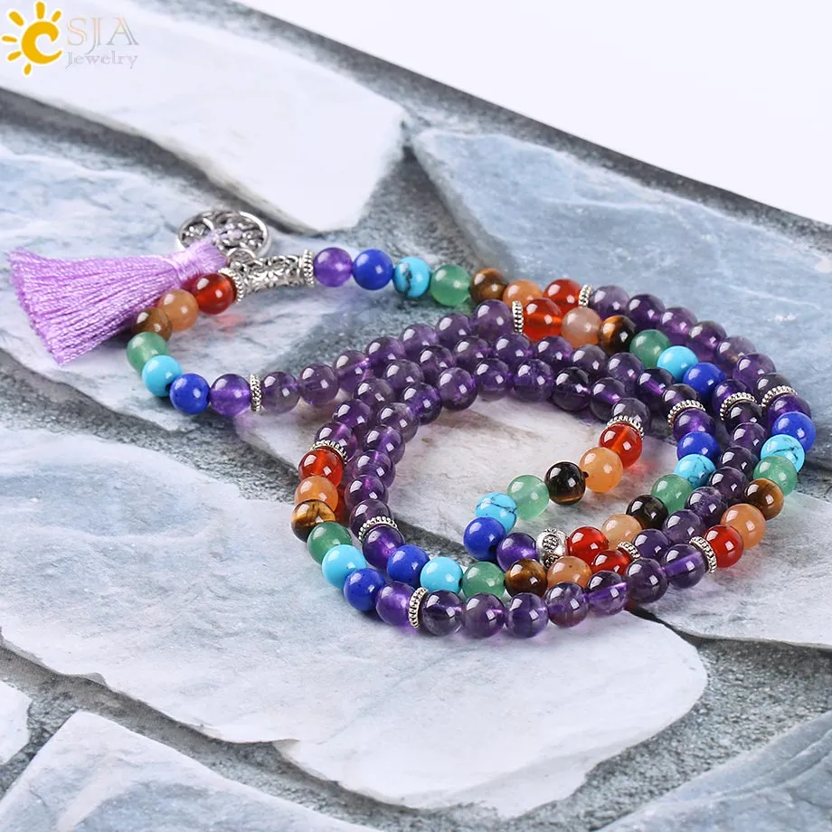 CSJA Reiki Natural 7 Chakra Multi camada Amethyst Gemstone Charms Bracelets Mulheres Cristal roxo 108 Mala ioga Meditação Cura 2471