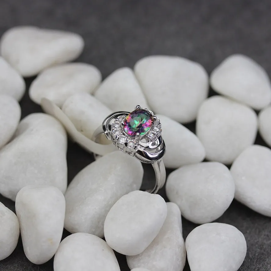 Bezel setting rhodium pläterad ring vit och regnbåge cubic zirconia r781 storlek # 6 7 8 9 romantisk stil kvinnor smycken gåva rave recensioner