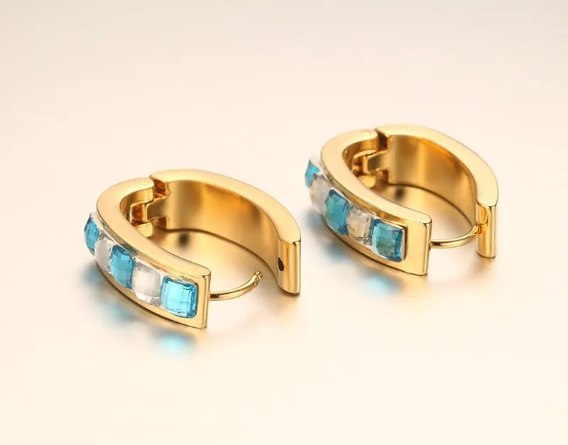 Fashion Blue Stone Örhängen för Kvinnor Rostfritt Stål Guldpläterade Kvinnor Hoop Örhängen Smycken