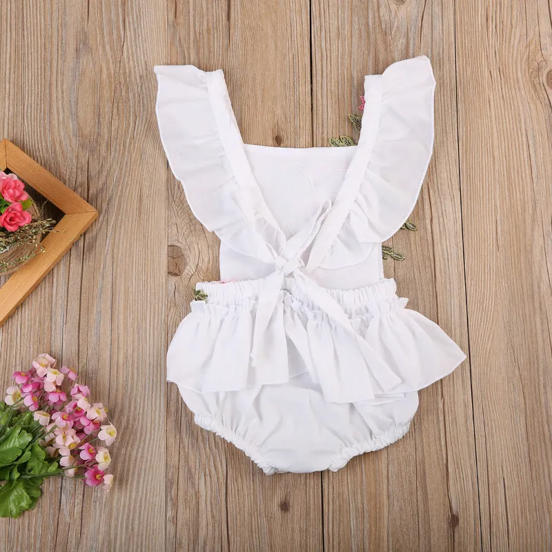 Maluch Odzież niemowlę Dziewczynek Haft Rose Romper Back Cross Bandaż Pajaciki Jednoczęściowy Outfit Sunsuit Kids Clothing Body