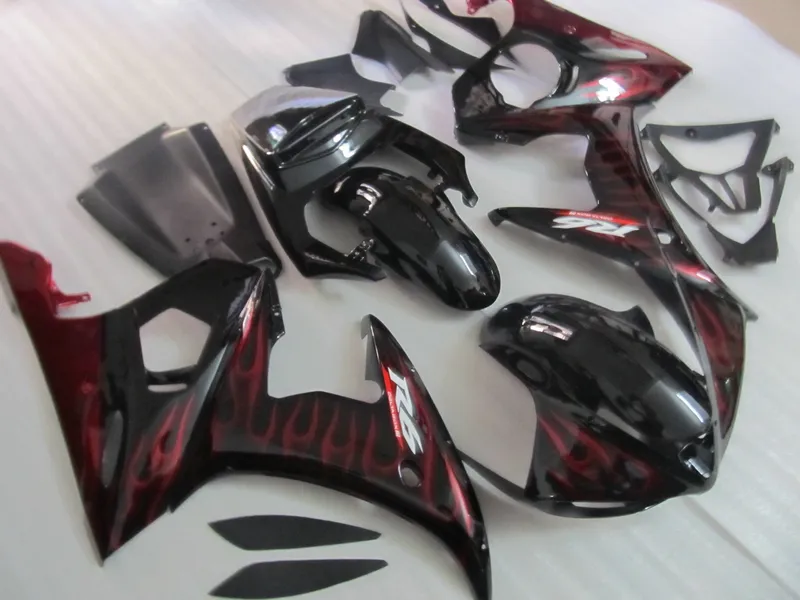 ABS Plastic Fairing Kit voor YAMAHA YZF R6 03 04 05 RODE VLAMES Black Backings Set YZF R6 2003 2004 2005 OT26