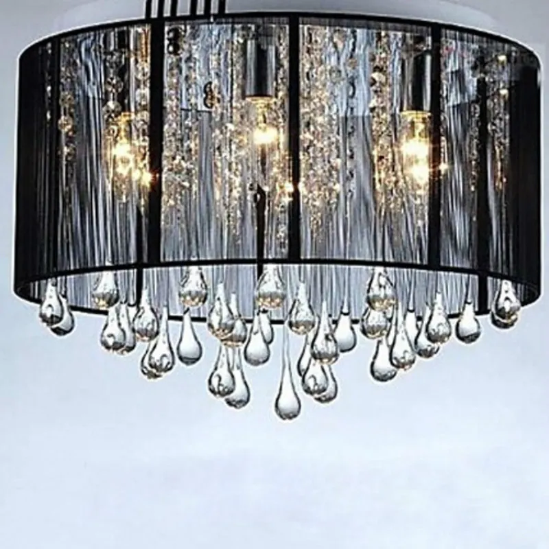 Modern Drum Pendant Light Fabric Shade Rain Drop Crystal Chandeliers 6 Lights E14 E12 Bulb Crystal Lamp Light Fixture D.45cm
