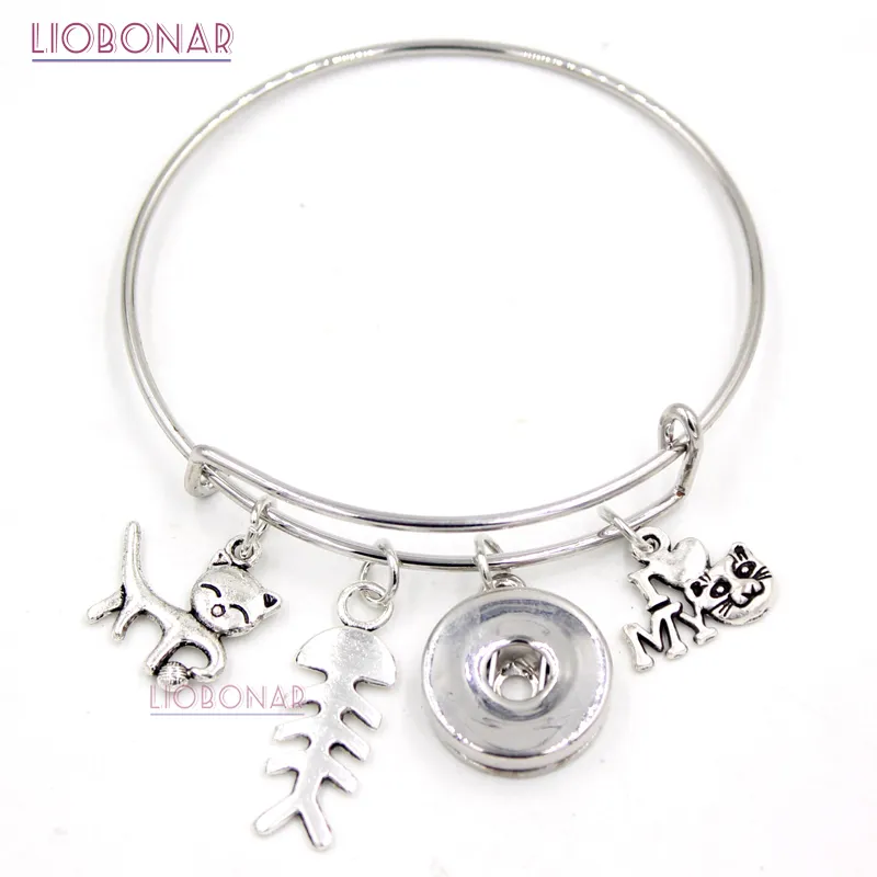 Partihandel Snap Button Smycken Animal Armband Pet Jag älskar katter Fiskben Charms Bangle Snap Button Armband för Cat Lover Gifts