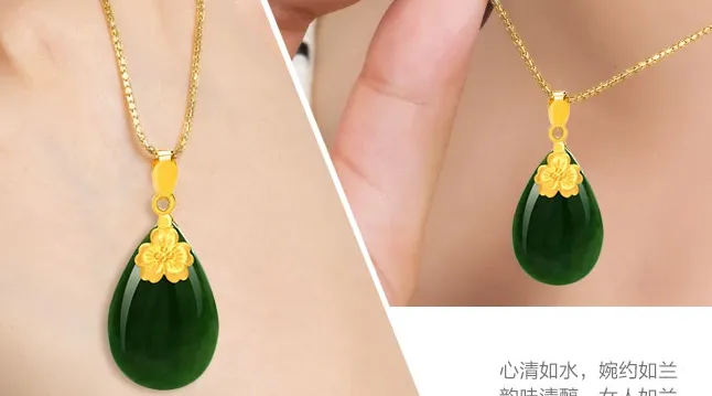 Ouro embutidos jade verde gotas de água peônia flores desabrochando charme pingente de colar