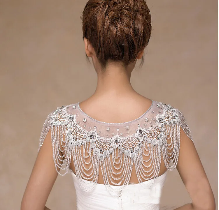 Romantic ivory lace bride wedding jewelry necklace sheer tulle long paragraph lace crystal beaded shoulder chain6864645