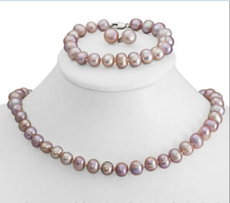 Ensemble de boucles d'oreilles et collier de perles de culture d'eau douce violettes de 8 à 9 mm