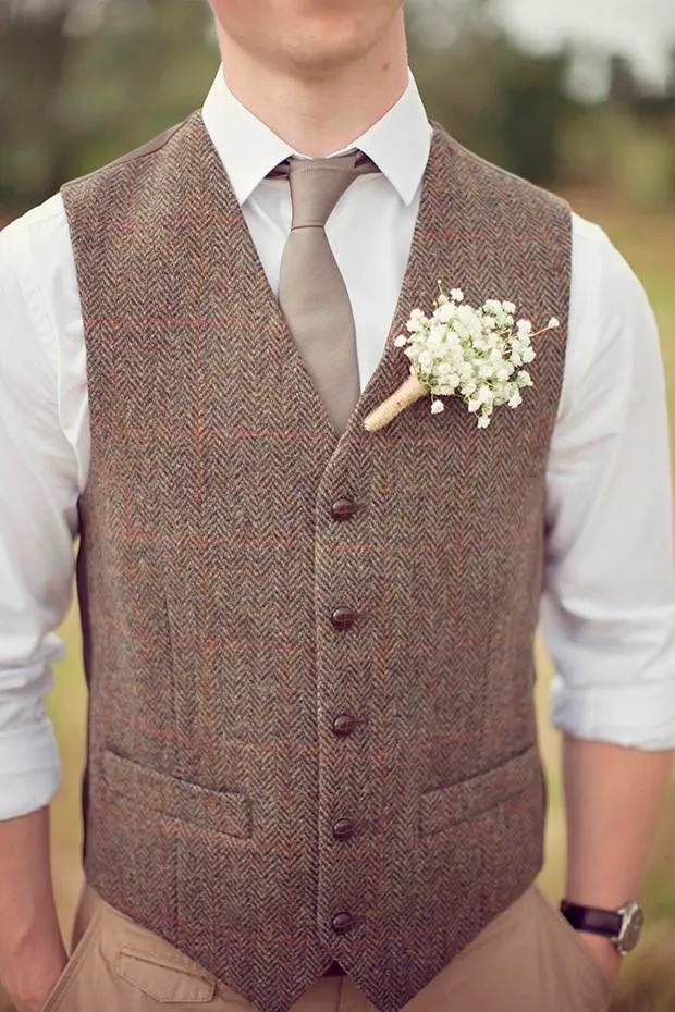 Country Brown Groom Dobnes para Casamento Lã Ferringbone Tweed Tweed personalizado feito Slim Fit Mens Suit Vest Farm Dress Coloque Plus Size