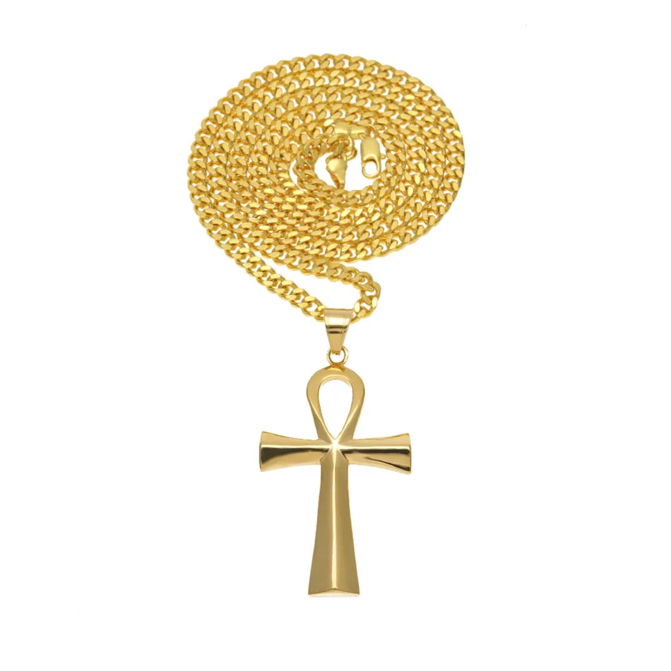Nytt rostfritt stål Ankh -halsband egyptiska smycken Hip Hop Pendant Iced Out Gold Key to Life Egypt Necklace 24 