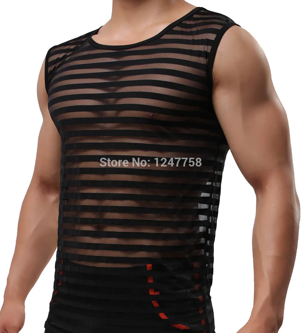 Vente en gros - Hommes Sexy Male Sex Sous-vêtements Stripe Voir à travers des vêtements gays Chemises en maille Homme Vêtements Maillots Gilet Débardeurs