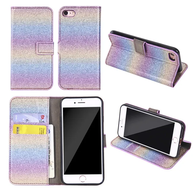 Custodia in pelle a portafoglio con glitter glitter Custodia carte con gradiente arcobaleno Custodia in pelle telefono iPhone Xs Max XR 8 7 6S Plus Samsung S10