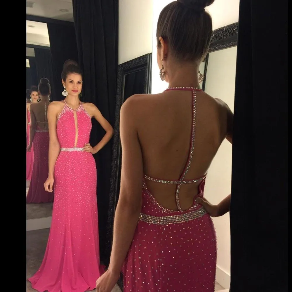 2023 Spring Summerpink Halter Feving Dresses Dooling Crystal Chiffon Long Backless Fashion Sexy Party Cocktail Pros