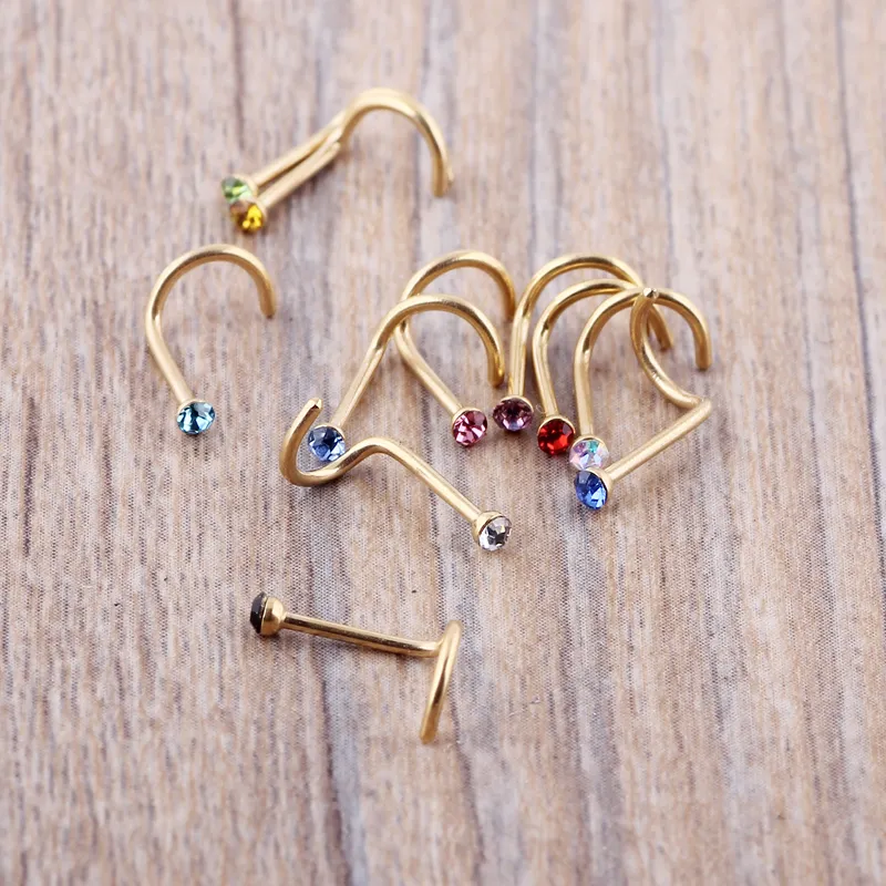 Mix Colors Rhinestone Nose Studs Screw Ring Bone Bar Body Piercing Jewelry Gold Silver Nose Pin260H