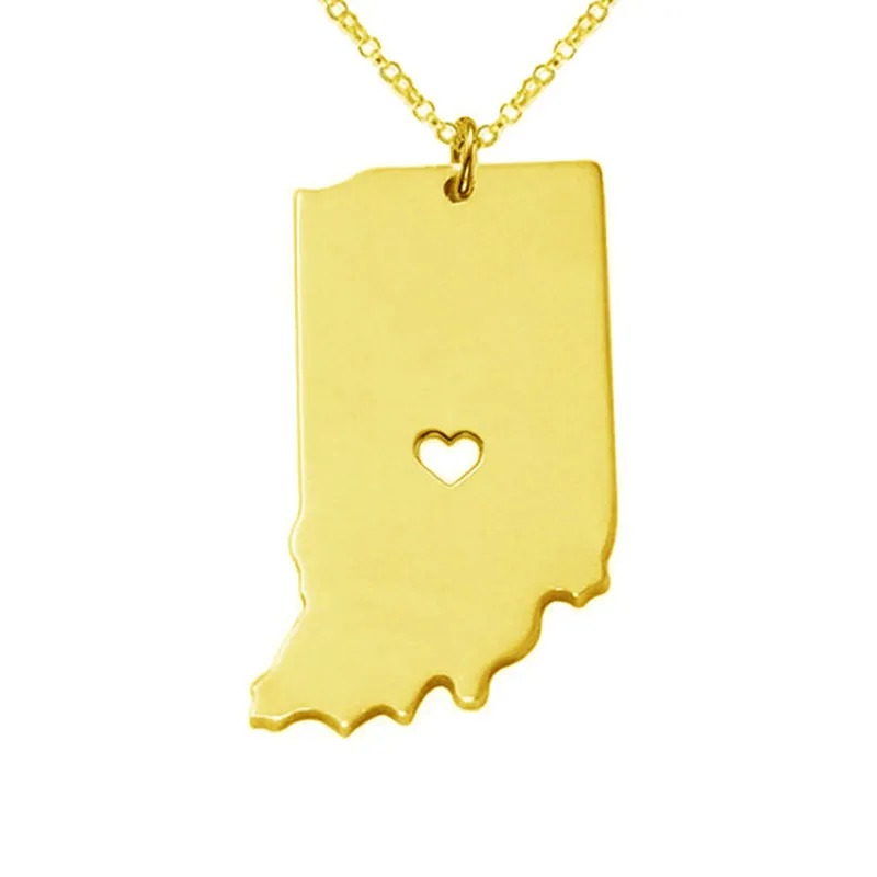 Collana con ciondolo in acciaio inossidabile con mappa dell'Indiana con cuore d'amore Stato USA IN Geografia Mappa Collane Gioielli donna e uomo