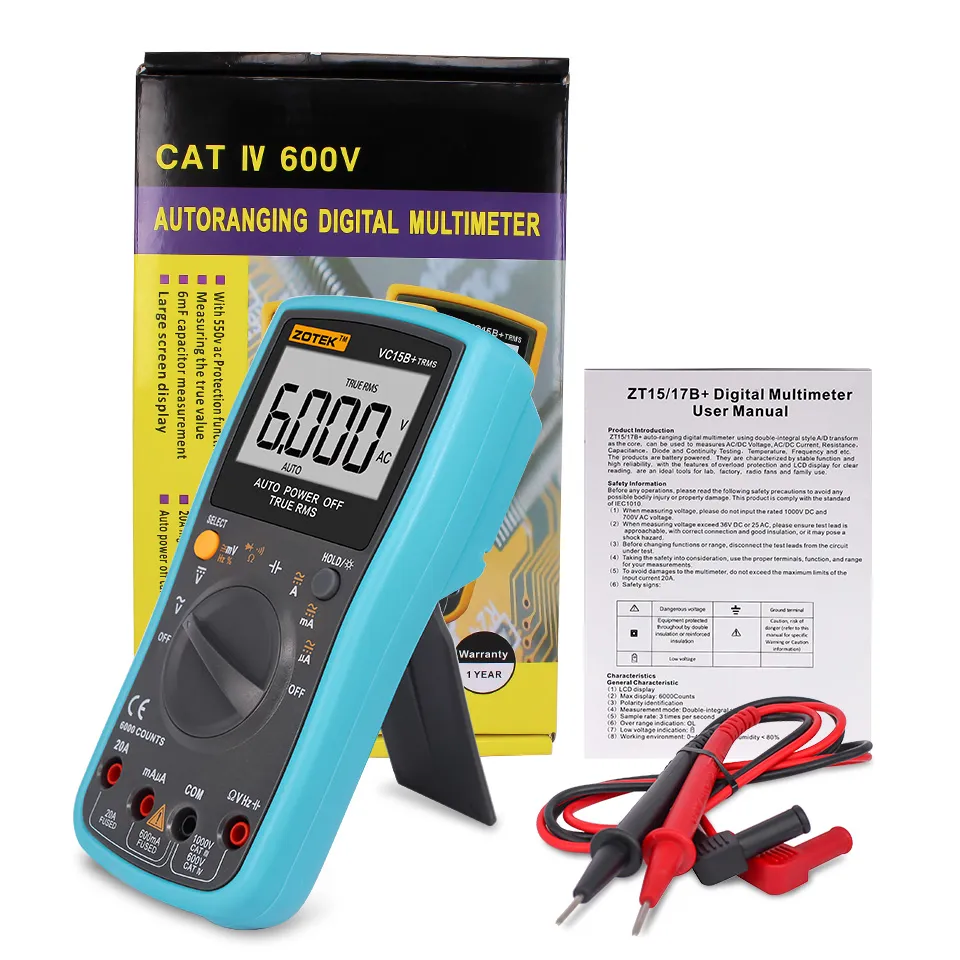 Zotek VC15BAUTOMATIC RANGE DIGITALTER MULTIMETER لشاشة كبيرة شاشة LCD عرض RMS TRUE DERECENCY DIRATION 6000 WORD DISPLAY1281442