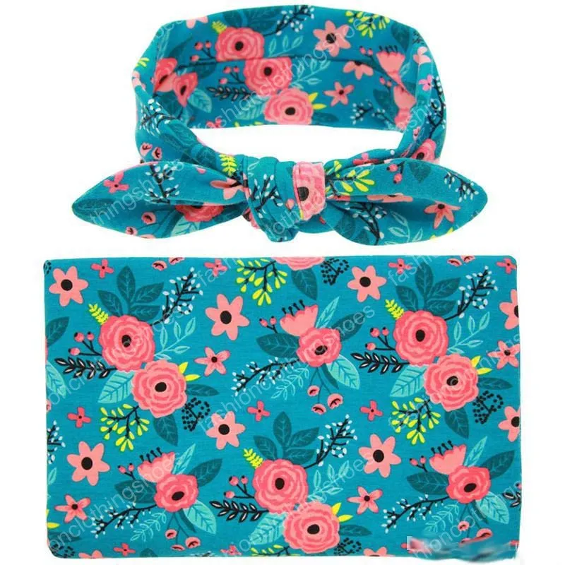 Vêtements d'emmaillotage pour bébé, ensemble de 2 pièces, bandeau + tissu d'emmaillotage, fleur de rose, feuilles florales, impression de donuts en diamant, couverture de réception, 6 couleurs