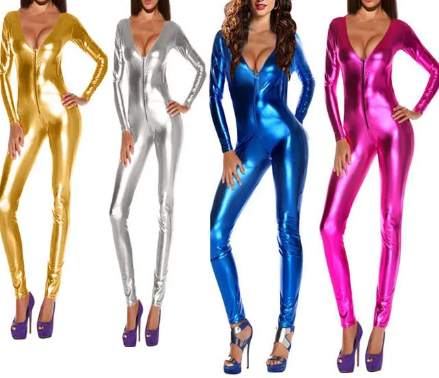 Silver Gold Blue Pink Sexy Women Exotic Deep V Neck Catsuit Jumpsuit Long Sleeve Zipper Bodysuit Nightclub Dancer Costumes Pole Dancing