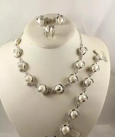Kvinnor Charm Smycken Silver Kedja 11-13mm Mabe Pearl Pendant Halsband Set