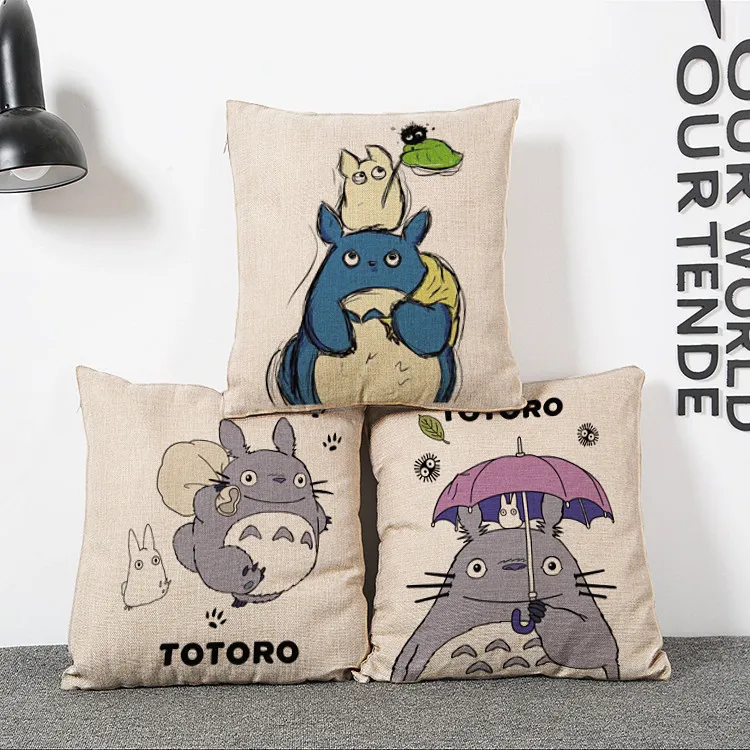 Dessin animé totoro housse de coussin décoratif enfants lit chaise canapé jeter taie d'oreiller anime almofada lin cojines