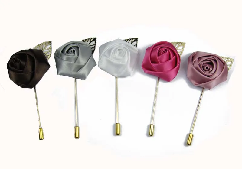 Ücretsiz kargo! 12 ADET / GRUP saten rozetler çiçekler altın sopa işaretçilerine Yaka Çiceği Sticks Broş Pin Giyim Accessoriessory Suits