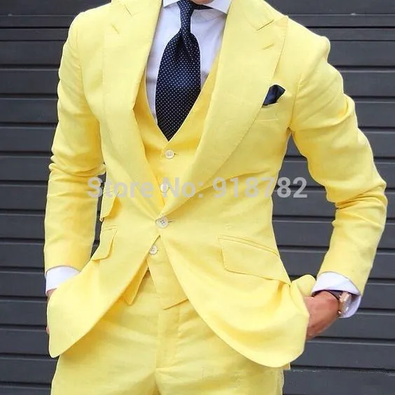 Vente en gros - Jaune 3 Pièces Hommes Costumes 2017 Custom Made Dernières Manteau Pantalon Designs Mode Hommes Costume De Mariage Grooms Homme Costume Veste + Gilet + Pantalon